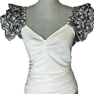 Anthropologie Floral Ruffle Sleeve Women's Tank Top White - Size Small